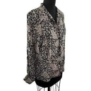 Vintage STUDIO A Tan & Black Floral 100% Silk Long Sleeve Blouse VTG Button-Up M